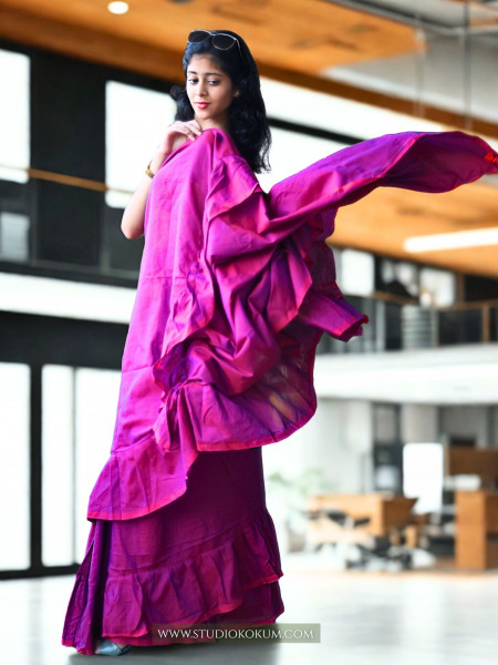 Charming Chakor - Pure Cotton Ruffle Saree in Mulberry Pink Colour