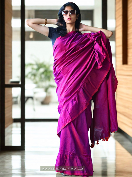 Charming Chakor - Pure Cotton Ruffle Saree in Mulberry Pink Colour
