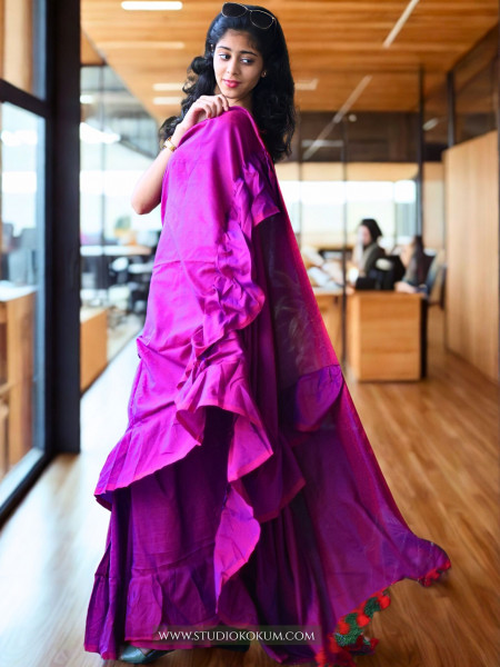 Charming Chakor - Pure Cotton Ruffle Saree in Mulberry Pink Colour