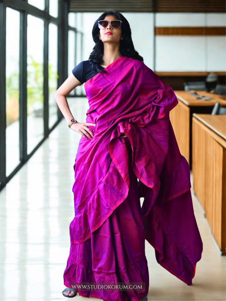 Charming Chakor - Pure Cotton Ruffle Saree in Mulberry Pink Colour