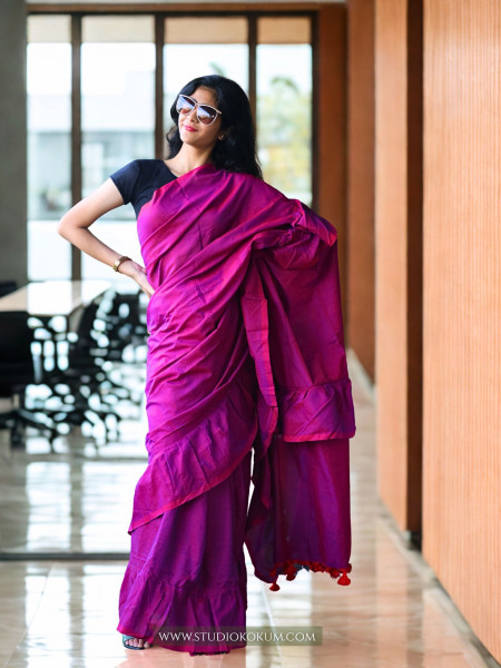 Charming Chakor - Pure Cotton Ruffle Saree in Mulberry Pink Colour