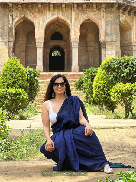 Deep Water Coral : Green Blue Cotton Plain Saree With Tassels