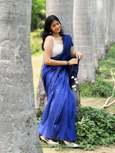 Lapis Lazuli : Ink Blue Cotton Plain Saree With Tassels