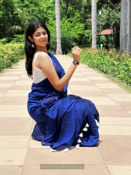 Lapis Lazuli : Ink Blue Cotton Plain Saree With Tassels