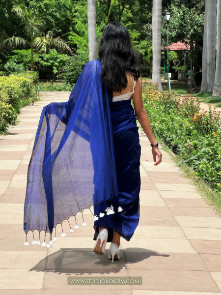Lapis Lazuli : Ink Blue Cotton Plain Saree With Tassels