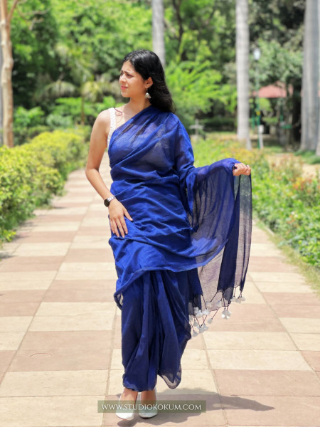 Lapis Lazuli : Ink Blue Cotton Plain Saree With Tassels