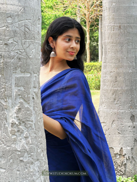 Lapis Lazuli : Ink Blue Cotton Plain Saree With Tassels