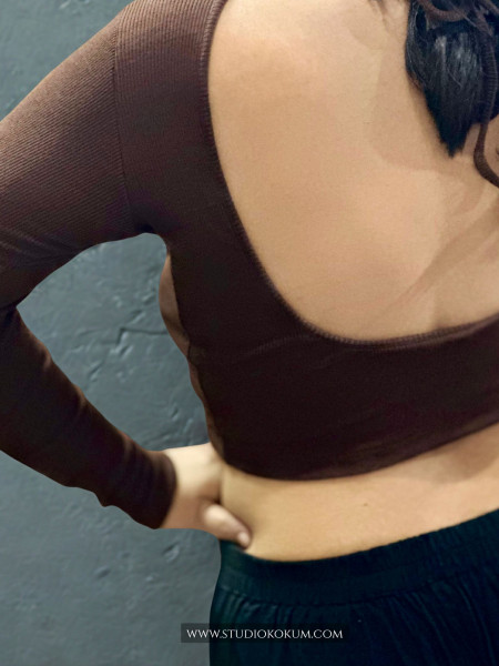 Full Sleeves Stretchable Back Strings Blouse in Brown Colour