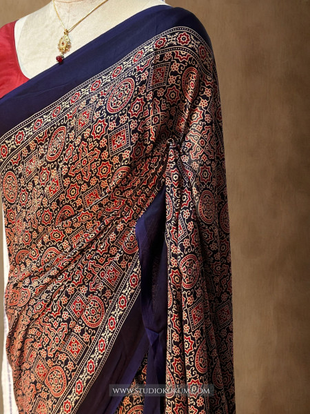 Saisha: Blue Modal Silk Hand blocked Ajrakh Zari Lagdi Patta Saree
