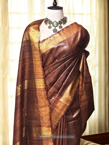 Mahika: Brown Woven Pure Tussar Silk Saree