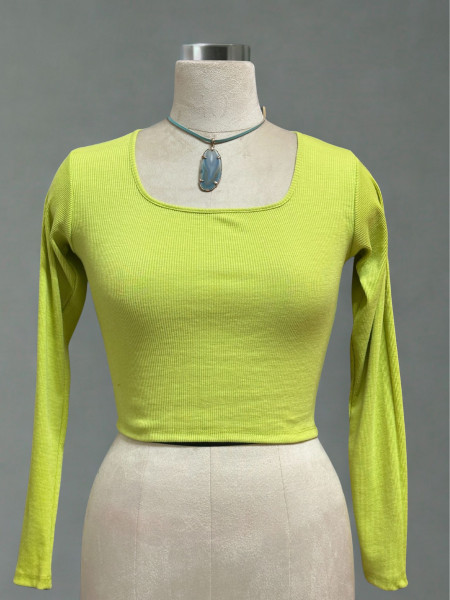 Full Sleeves Stretchable Back Strings Blouse in Light Neon Green Colour