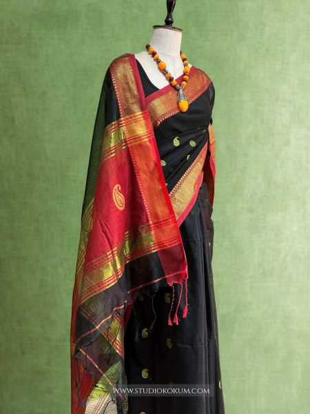 Qirat - Pure Cotton Saree in Black with Exclusive Red Zari Border & Pallu