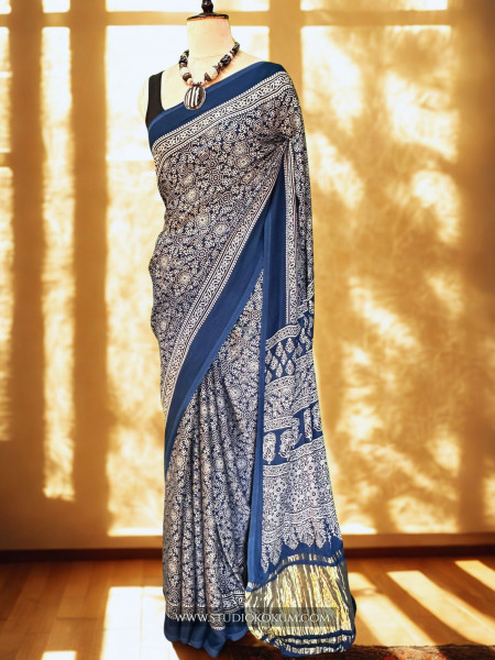 Falak: Cobalt Blue Modal Silk Hand blocked Ajrakh Zari Lagdi Patta Saree
