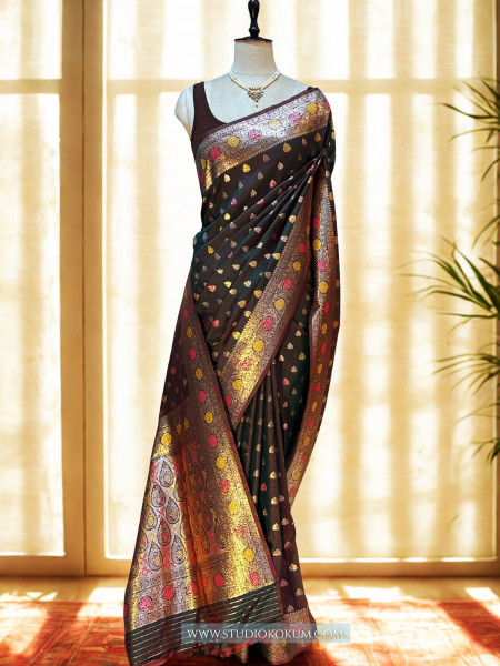 Mallika : DUAL TONE BROWN MEENAKARI BANARASI SILK SARI