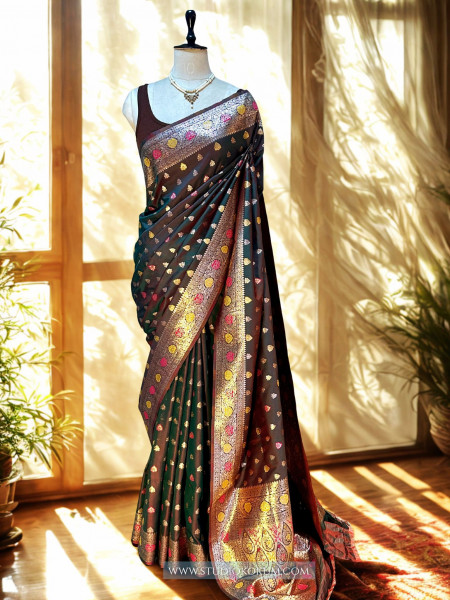 Image of Mallika : DUAL TONE BROWN MEENAKARI BANARASI SILK SARI