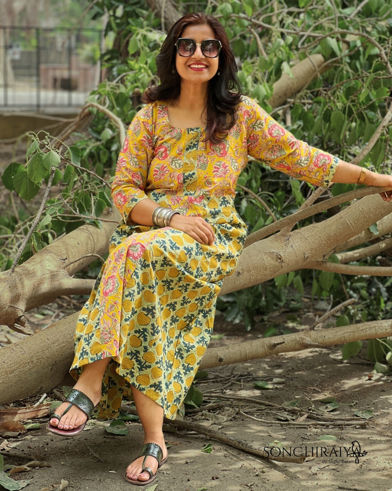 Image of Aditi : Jaipuri Mulmul Cotton A Line Dress