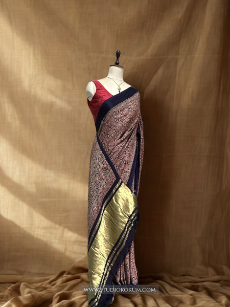 Saisha: Blue Modal Silk Hand blocked Ajrakh Zari Lagdi Patta Saree