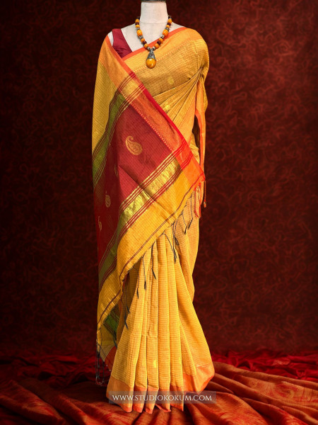 Aatika- Pure Cotton Saree in yellow with Exclusive Zari Border & Pallu