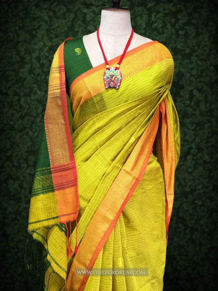 Anvesha - Pure Cotton Saree in green with Exclusive Zari Border & Pallu