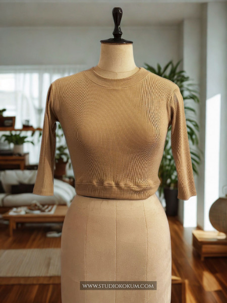 Elbow Sleeves Stretchable Blouse in Beige Colour