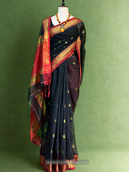 Qirat - Pure Cotton Saree in Black with Exclusive Red Zari Border & Pallu