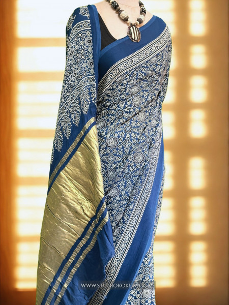 Falak: Cobalt Blue Modal Silk Hand blocked Ajrakh Zari Lagdi Patta Saree