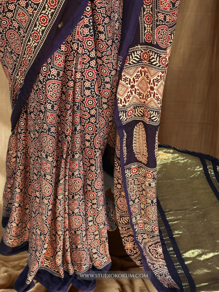 Saisha: Blue Modal Silk Hand blocked Ajrakh Zari Lagdi Patta Saree