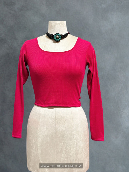 Full Sleeves Stretchable Back Strings Blouse in Hot Pink Colour
