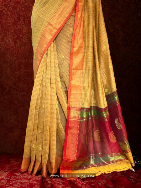 Aatika- Pure Cotton Saree in yellow with Exclusive Zari Border & Pallu
