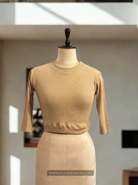 Image of Elbow Sleeves Stretchable Blouse in Beige Colour