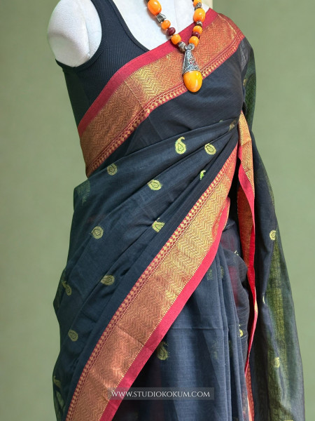 Qirat - Pure Cotton Saree in Black with Exclusive Red Zari Border & Pallu