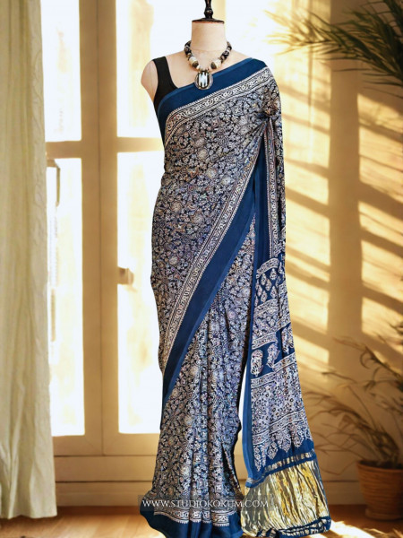 Falak: Cobalt Blue Modal Silk Hand blocked Ajrakh Zari Lagdi Patta Saree