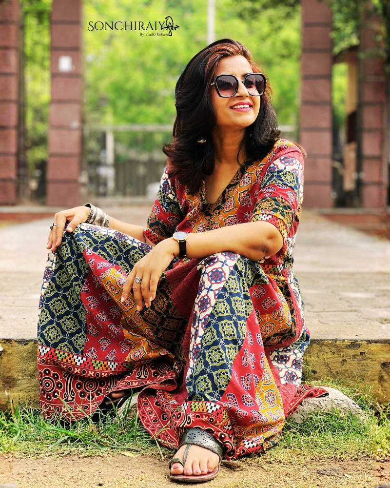 Image of Aashna: Ajrakh Cotton Kali Dress
