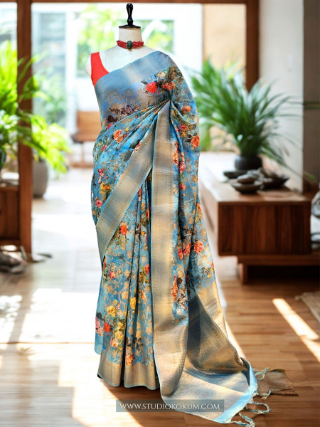 Maya : Blue Pure Organza Silk Saree with Zari Work