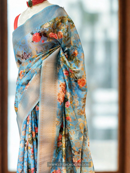 Maya : Blue Pure Organza Silk Saree with Zari Work