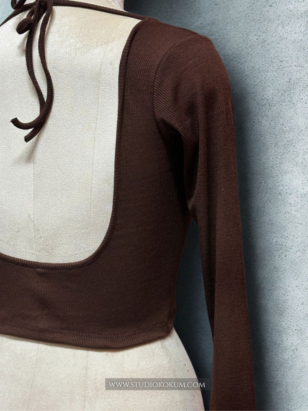 Image of Full Sleeves Stretchable Back Strings Blouse in Brown Colour
