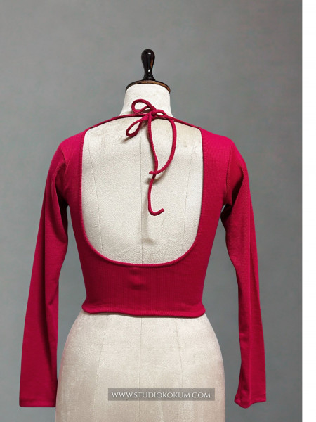 Image of Full Sleeves Stretchable Back Strings Blouse in Hot Pink Colour