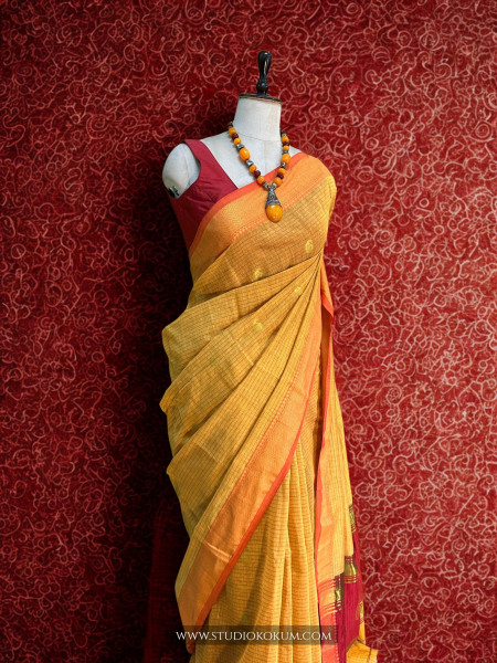 Aatika- Pure Cotton Saree in yellow with Exclusive Zari Border & Pallu