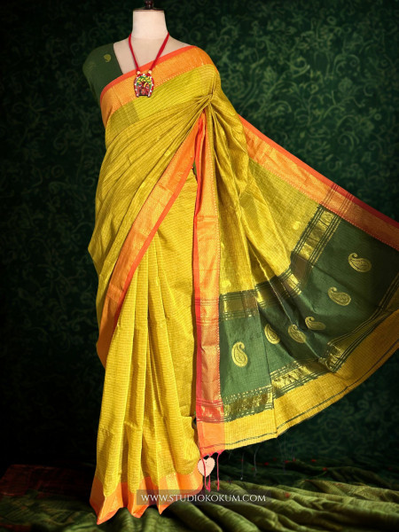 Anvesha - Pure Cotton Saree in green with Exclusive Zari Border & Pallu
