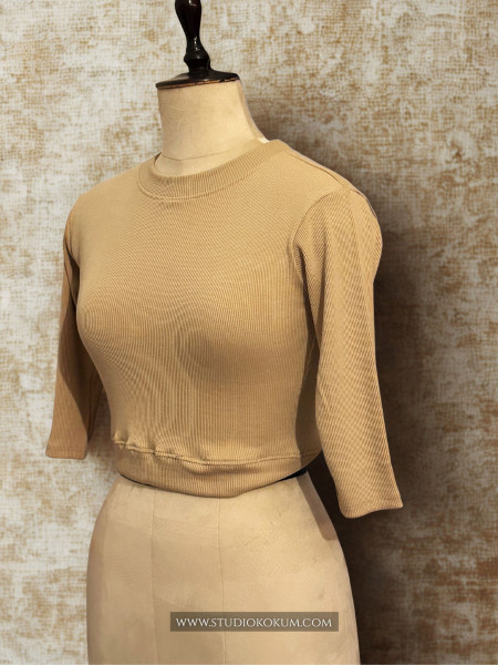 Elbow Sleeves Stretchable Blouse in Beige Colour