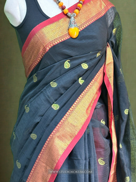 Qirat - Pure Cotton Saree in Black with Exclusive Red Zari Border & Pallu