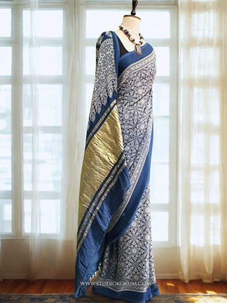 Falak: Cobalt Blue Modal Silk Hand blocked Ajrakh Zari Lagdi Patta Saree