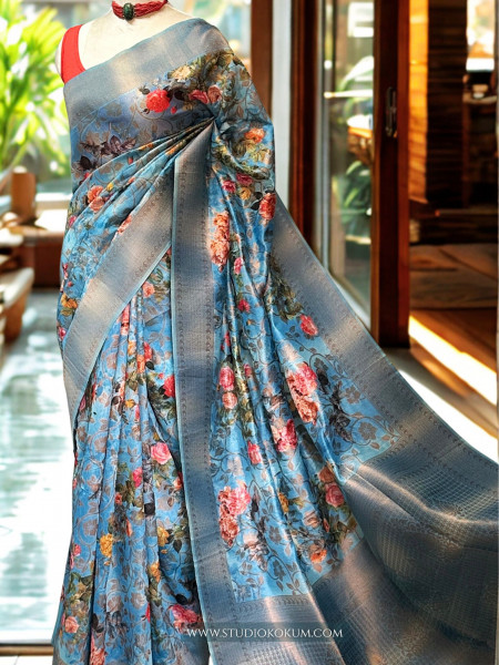Image of Maya : Blue Pure Organza Silk Saree with Zari Work