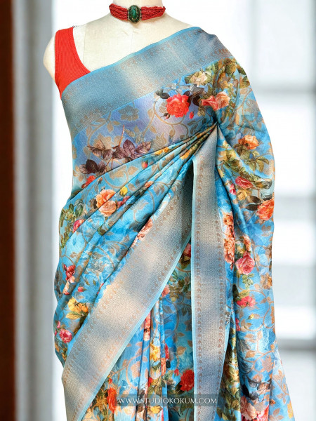 Maya : Blue Pure Organza Silk Saree with Zari Work