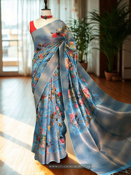 Maya : Blue Pure Organza Silk Saree with Zari Work