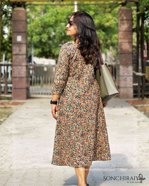 Avantika: Moss Green Handloom Kalamkari Dress