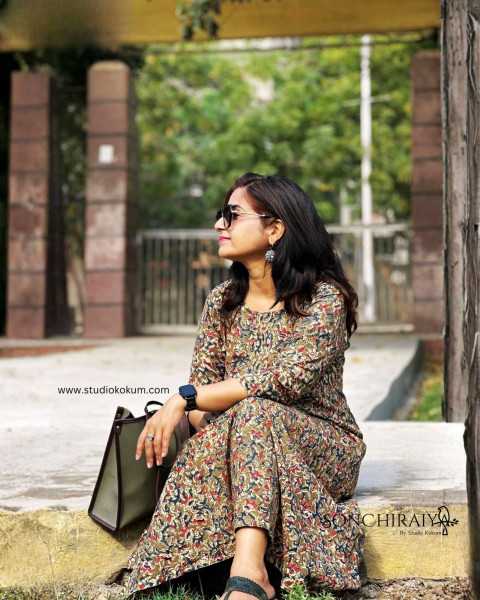 Avantika: Moss Green Handloom Kalamkari Dress