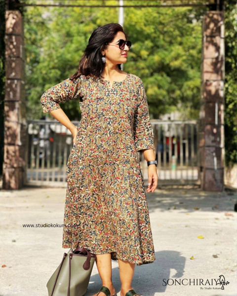 Avantika: Moss Green Handloom Kalamkari Dress