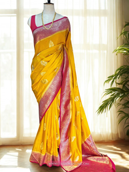 Image of Diya : Yellow Crepe Georgette Banarasi Saree