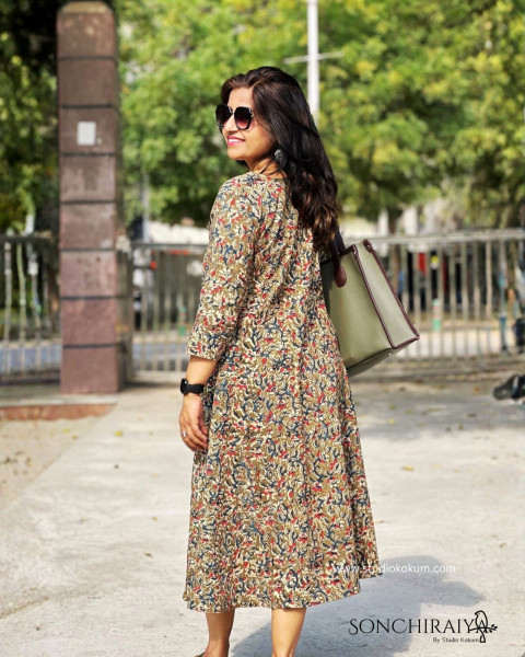 Avantika: Moss Green Handloom Kalamkari Dress